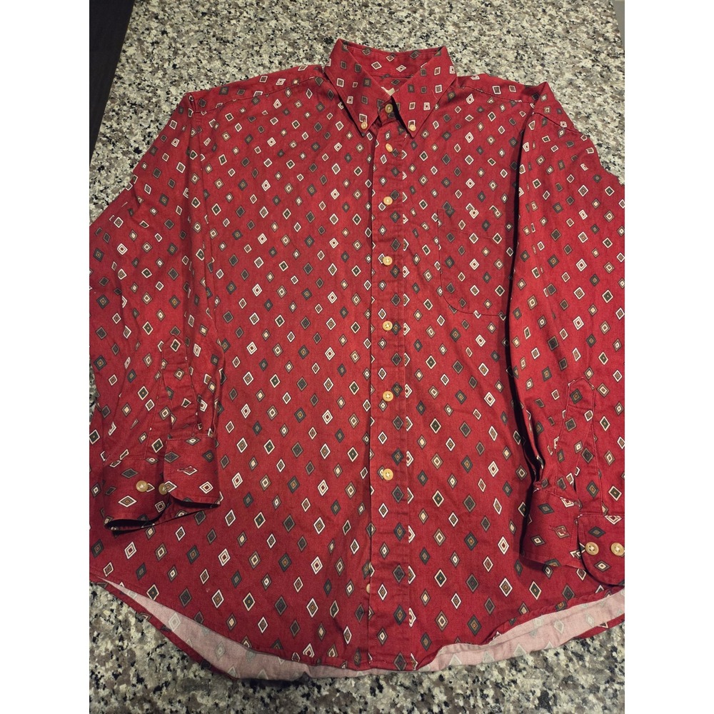 Natural Issue Mens XL Red Geometric Diamond Print Cotton Twill Button Down Shirt